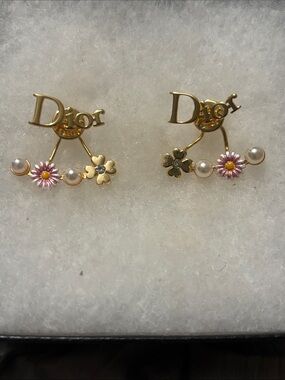 Dior Gold-tone Earrings with Pink Daisy and Pearls